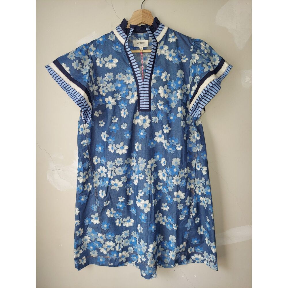 Umgee Midi Shift Dress Blue Floral Boho Retro Ruffle Sleeves Size M 100% Cotton